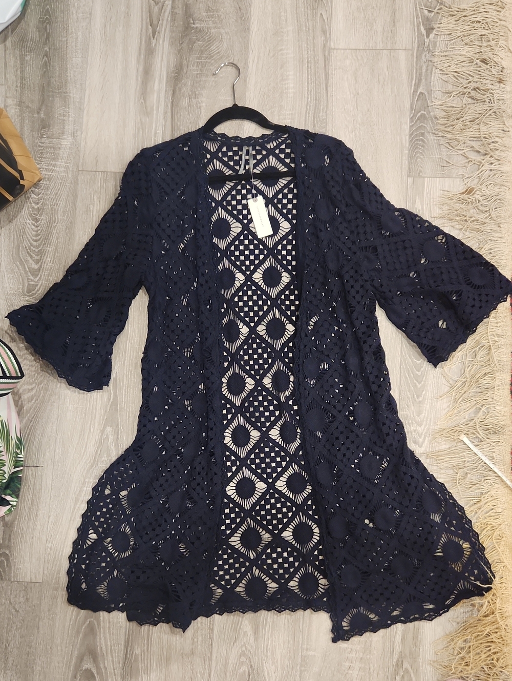 NWT Anthropologie Navy Crochet Open-Front 100% Cotton Kimono